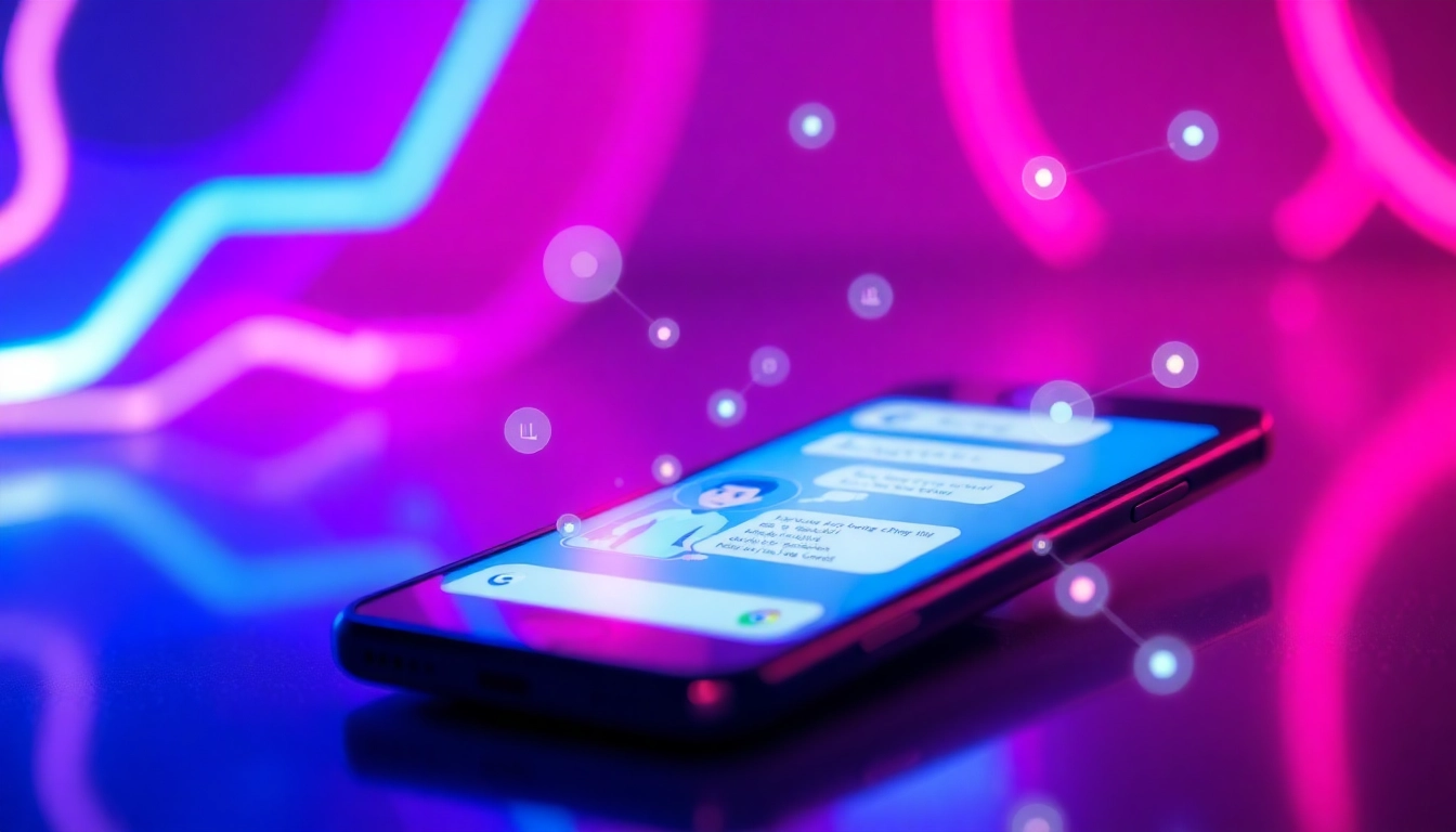 Futuristic smartphone displaying an AI chatbot conversation with neon holographic elements in the background.