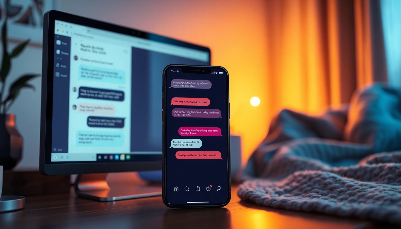 Digital illustration of a chatbot interface on a phone and desktop with warm lighting and cozy background.