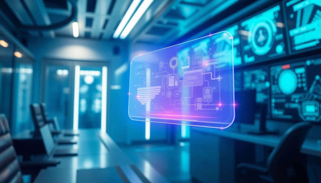 Futuristic AI chatbot interface floating in a high-tech control room with holographic displays.