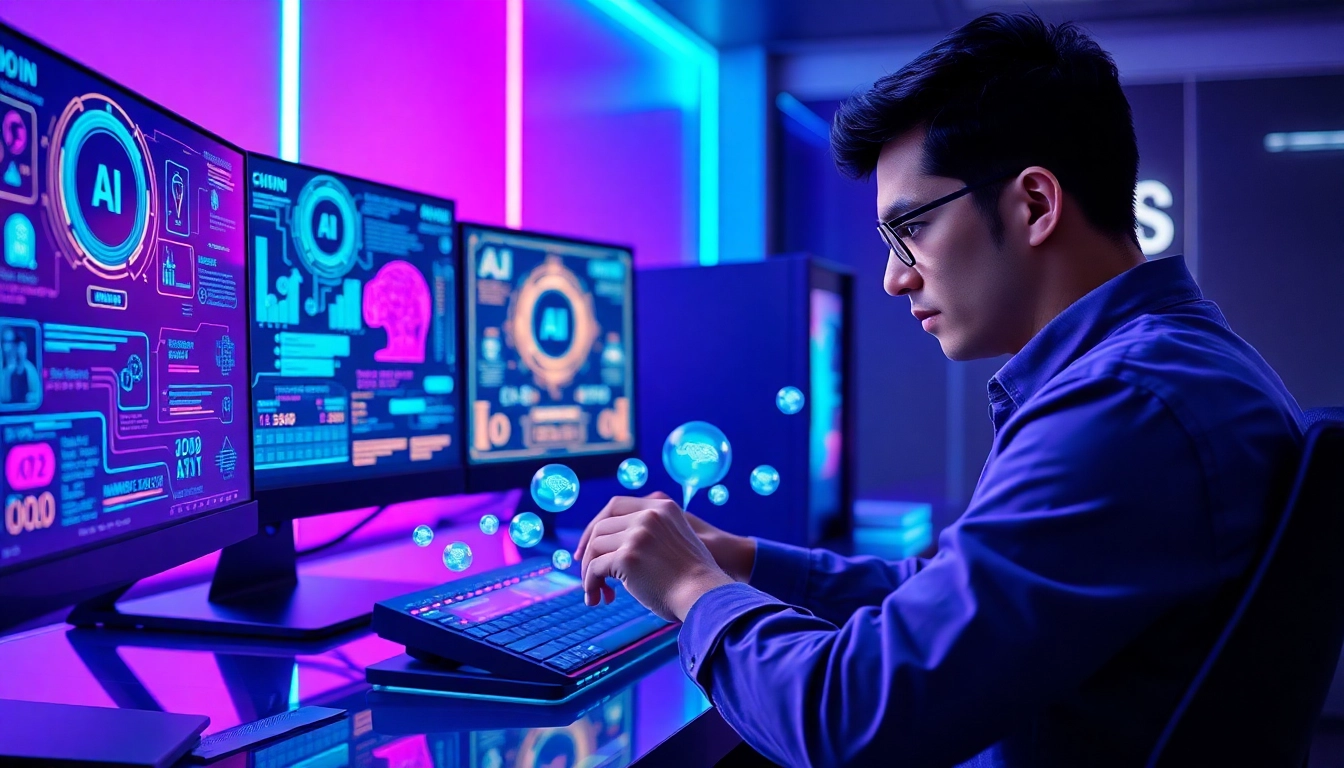 A person working on a high-tech digital workspace with holographic AI interfaces